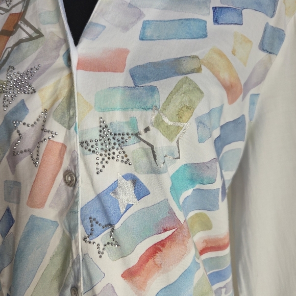 Dolcezza Colorful Geometric Button Down Shirt With Rhinestone Stars Size Med - Picture 5 of 6